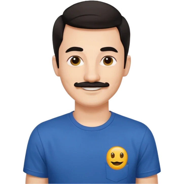 25 year old graphic designer, receding dark hair, thin moustache, black earring left ear, smiling emoji
