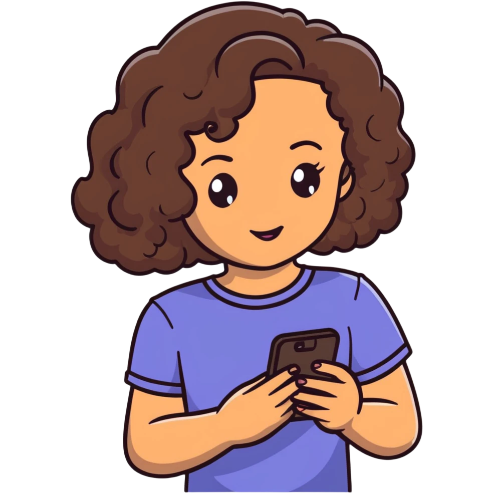 brunette girl with curly medium length hair, brown eyes, slightly tan skin, holding a phone emoji