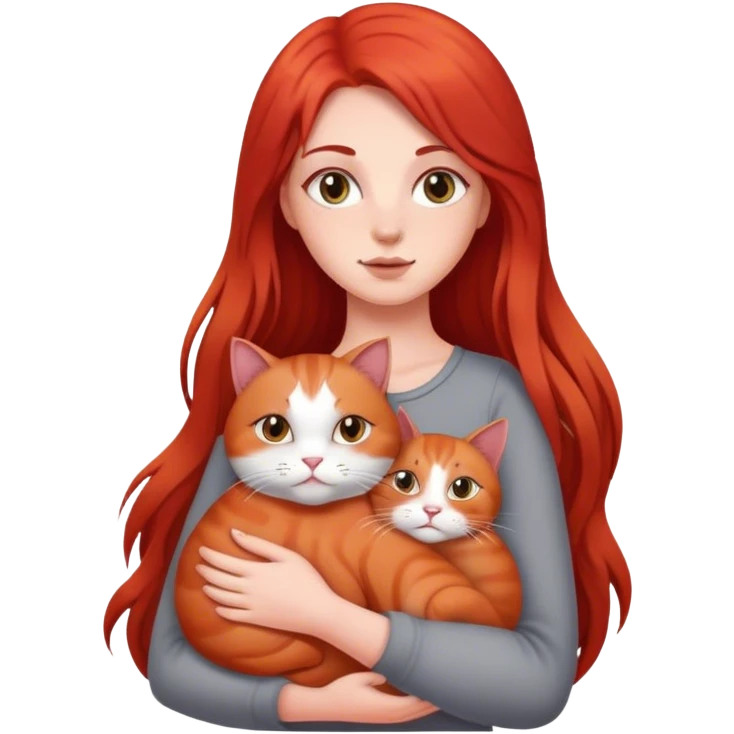 a white girl with red long hair holding a gray fat cat in her arms emoji