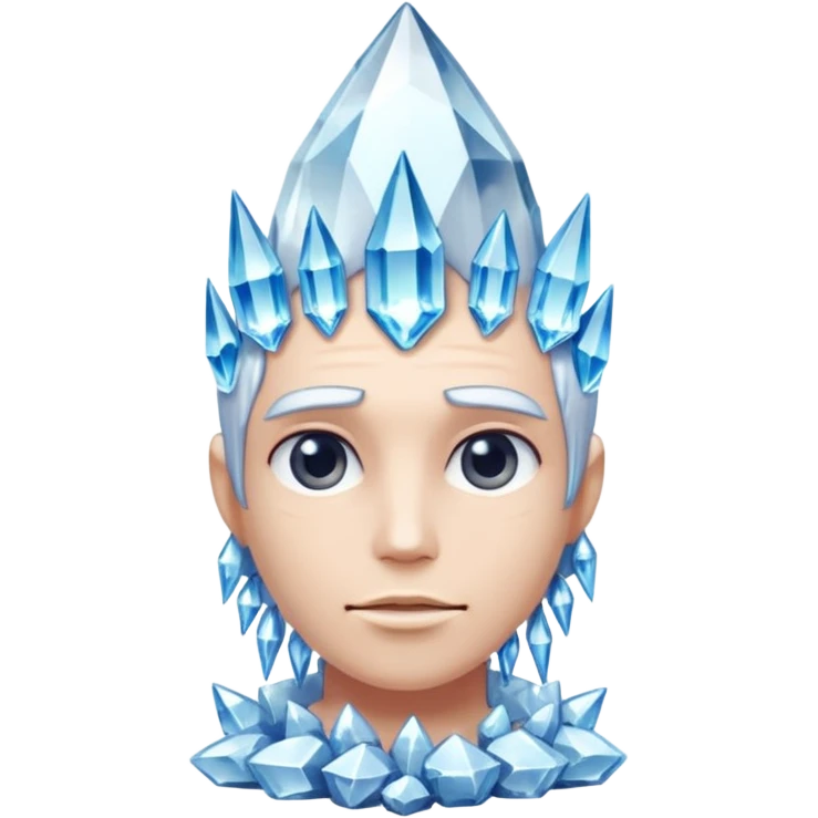 A single crystal character inspired by a clear quartz cluster, chunky base with many tall transparent crystal spikes growing upward all around it with a face emoji