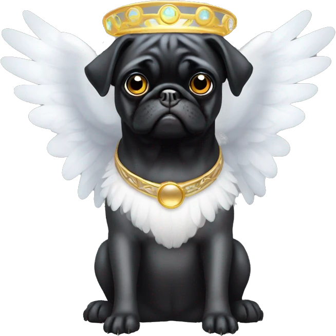 Black pug with a halo over his head and white wings emoji