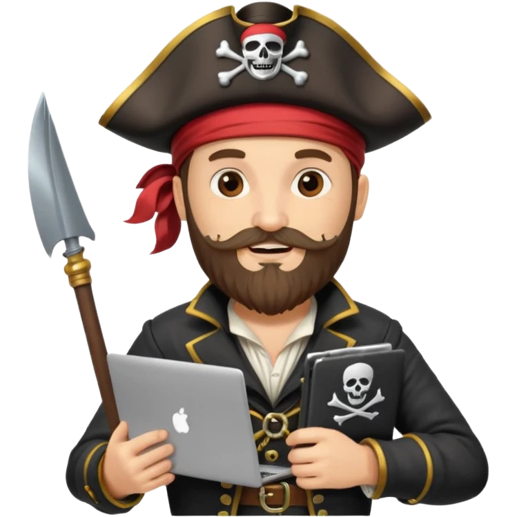 pirate captain standing with a laptop, beard, pirate flag with code symbol, cheerful and creative emoji