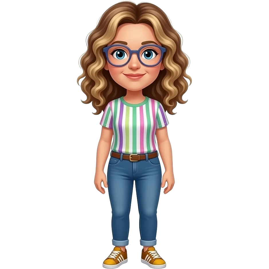 Make an emoji a women teacher 40 jear dutch with  witch 6 corner glasses and between brown and blonde curly mi long hear with an t-shirt with small green pink and withe purple vertical stripes and a blue jeans witch addidas shoes brown and yellow emoji
