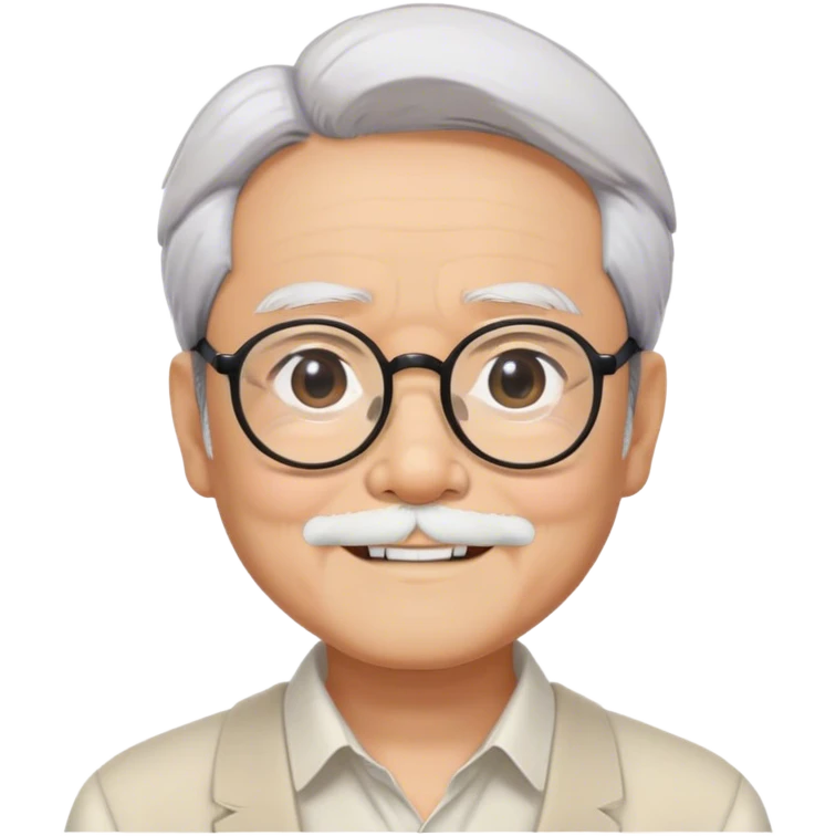 ​Cinematic Realistic Portrait of Hayao Miyazaki, depicted with defined black eyebrows, and large rectangular glasses, his happy expression rendered in lifelike detail, illuminated with soft, realistic lighting that emphasizes his creative genius, emoji