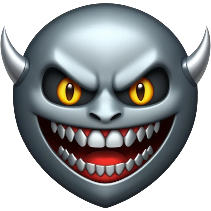 Stylized emoji icon of metallic teeth with sharp fangs, chrome texture, dark shadows, aggressive look emoji