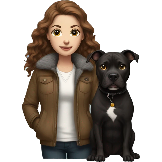 white woman with long brown hair and cat shaped eyes wearing a furry jacket standing alongside a black pitbull  emoji