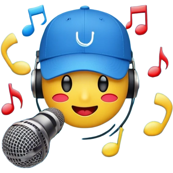 Create a dynamic and energetic emoji that represents beatboxing. The design should feature a microphone with a singing mouth and soundwaves or rhythmic beats emanating from it, symbolizing the vocal percussion and rhythm of beatboxing. Add a cap placed on top of the microphone to reflect street culture and the individuality of the performer. Include musical notes floating around to emphasize the musicality. Use bold, vibrant colors like neon blue, red, and yellow to convey energy and excitement. The background should be transparent emoji