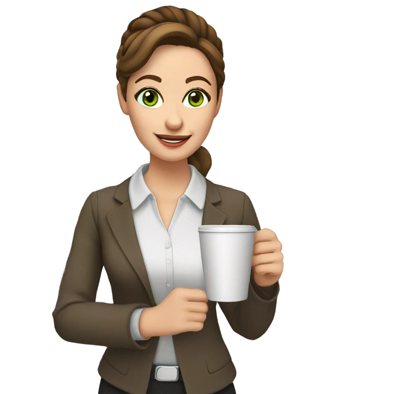 a female teacher who has natural green eyes brown hair and pale skin. she likes her hair in a bun. She loves coffee so much. Make the scenery in a classroom. she is a teacher and her hair is in a bun. she is holding a coffee
 emoji