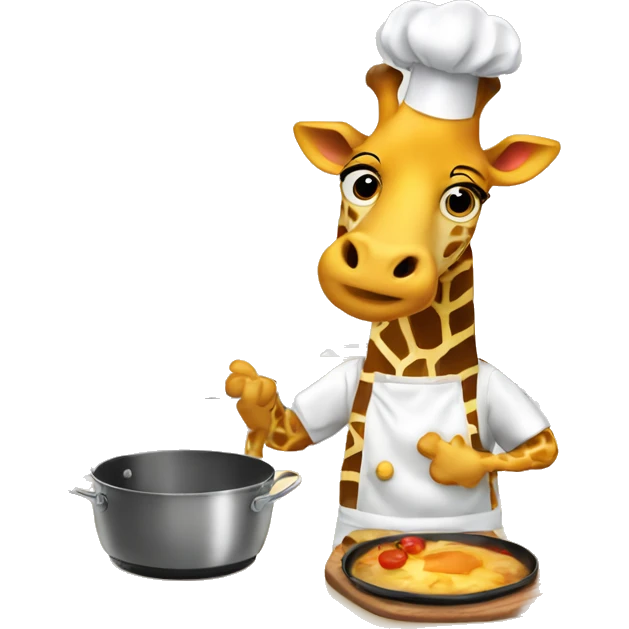Giraffe wearing a chef hat and apron, cooking in a kitchen. emoji