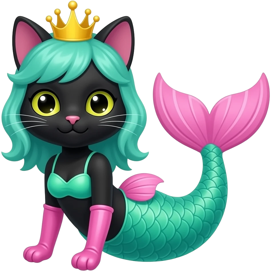 black anthro cat #B8FFFF mermaid tail with pink fins and long pink gloves  yellow hair crown green swimsuit emoji