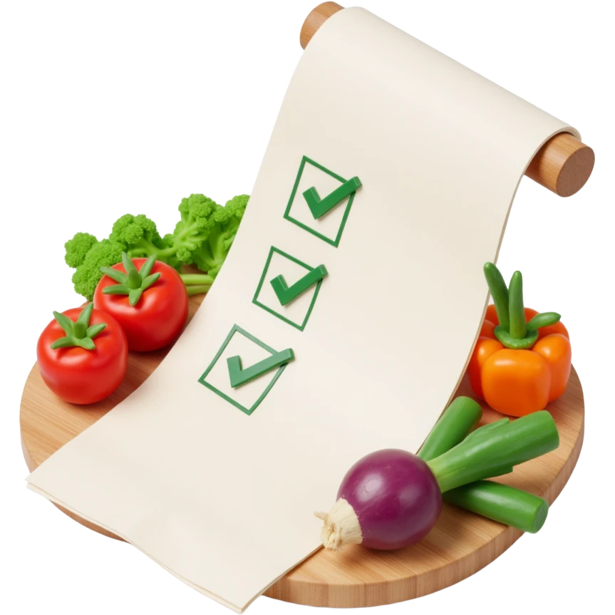 floating rolled paper list with green checkboxes and around vegetables emoji