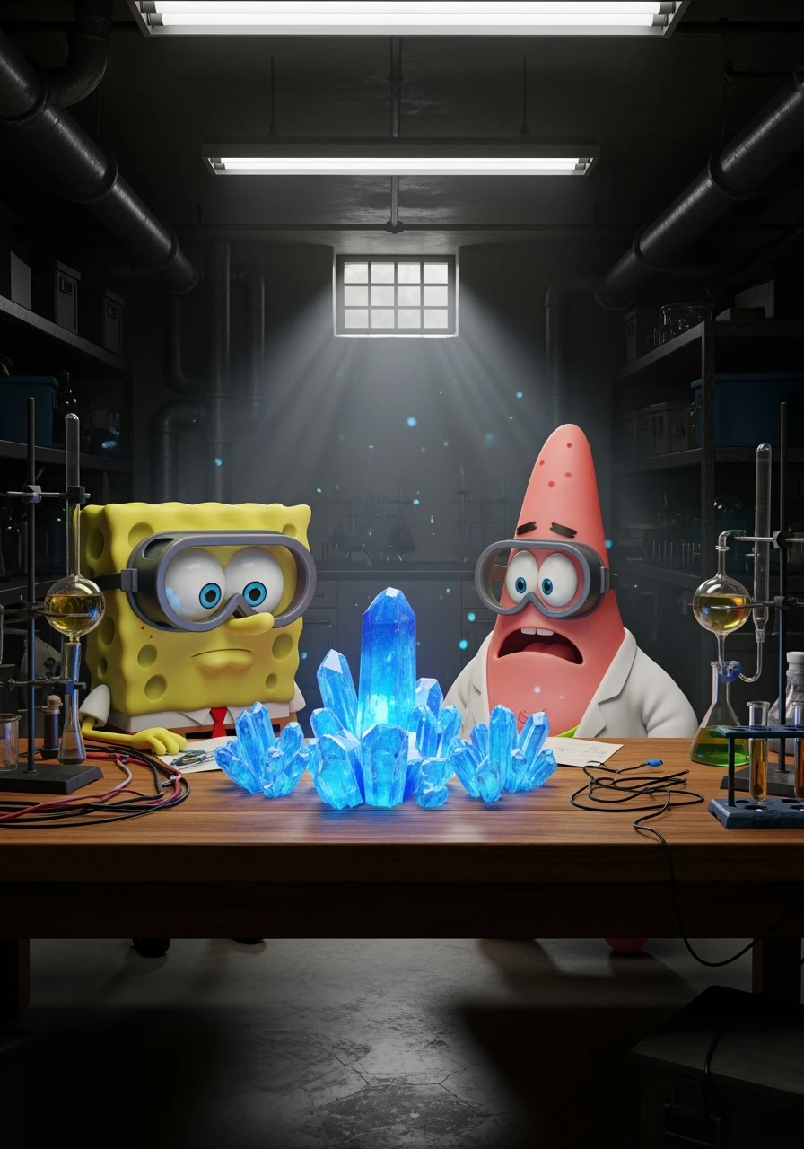 3D cienmatic cartoon shot, spongebob and patric dress in safety glasses and safe white outfit, the are standing front of table with blue crystals on table glowing (light source) science room in basement, back light, Cinema 4d render, proffesional lightning emoji