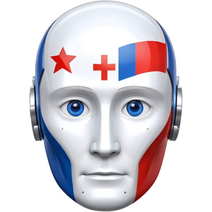 Robot head resembling Vladimir Putin with Russian flag elements emoji