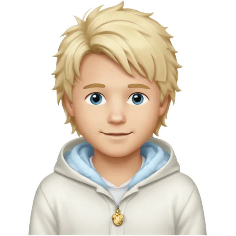 Create a look for a blond boy with long, tousled hair, light eyes, a white sweater, a wealthy appearance, blue eyes, and accessories like a Rolex or Cartier watch, and a cute face with messy hair down. blue eyes + + pajama white fluffy + hood fluffy emoji
