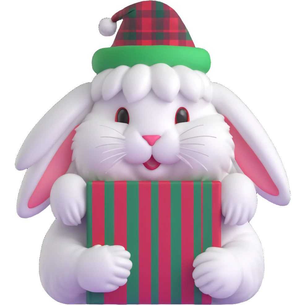 fluffy white angora rabbit wearing red and green plaid Christmas hat held in hands emoji