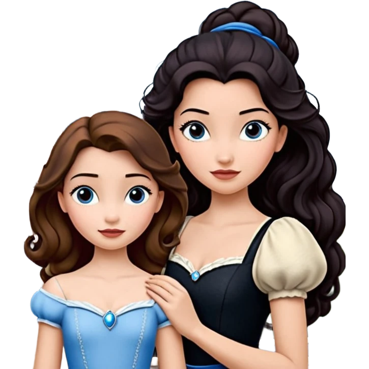 Quiero que crees una imagen donde este el castillo de Disney y por detrás o delante pon a 4 chicas: una con el pelo largo rizado marrón , otra con el pelo muy corto negro, como un chico, otra con el pelo mediano liso marrón con ojos azulesy otra con el pelo negro largo liso . Todos son color carne emoji