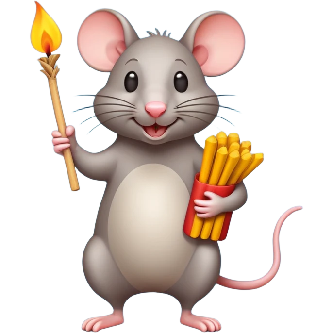 Create a cartoon-style emoji of a cheerful rat collecting matchsticks. Minimalist design with bold outlines, vibrant colors, and simple shapes. Show the rat standing upright, holding a bundle of matches, with a playful expression. Avoid shading or intricate details, keeping the style clean and whimsical. emoji