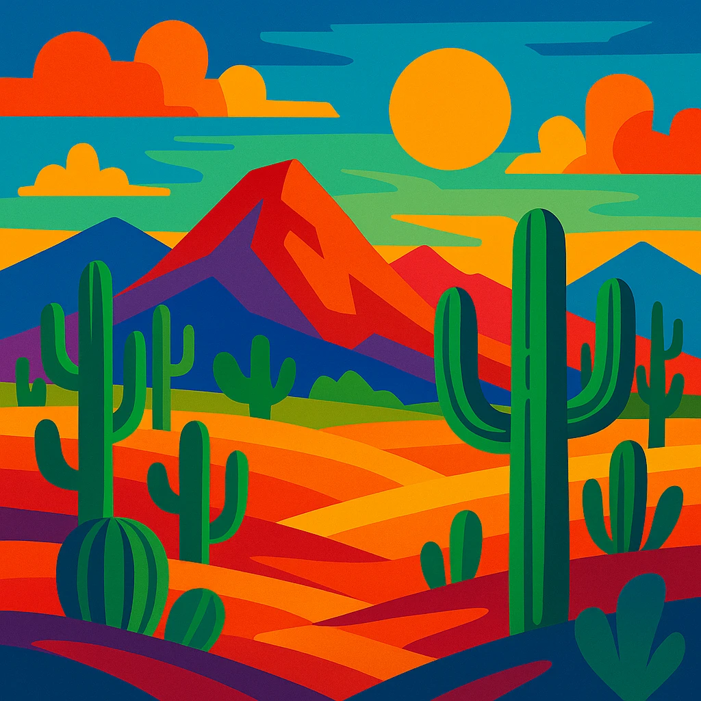 colorful Mexican landscape with cacti and mountains, vibrant colors emoji