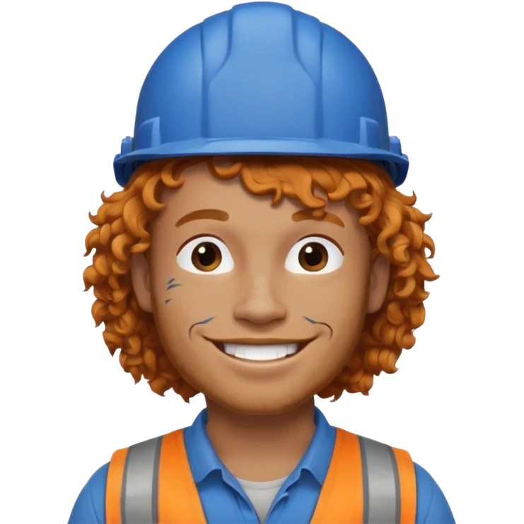 construction worker man ginger curly hair, blue helmet, very heavy dark face tattoo emoji