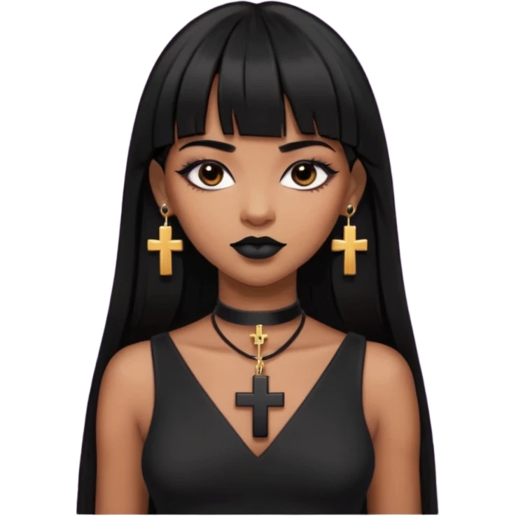 vampira parda com cabelo preto longo e liso e franja, olhos pretos, brincos em formato de cruz, choker em formato de cruz, roupa preta com decote, batom preto e sorrindo de canto emoji