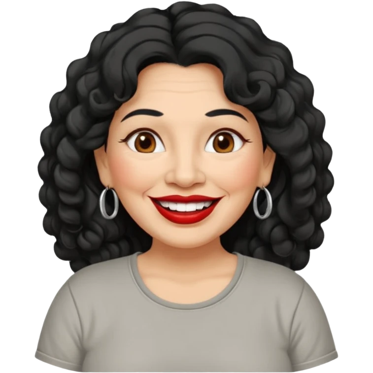 60 yr old Mexican woman, slightly chubby, wavy/curly long black hair, red lipstick, big smile, white teeth, brown eyes, hoop earings, side part to hair, round face, grey t shirt, hair side swept, big hoop earing emoji