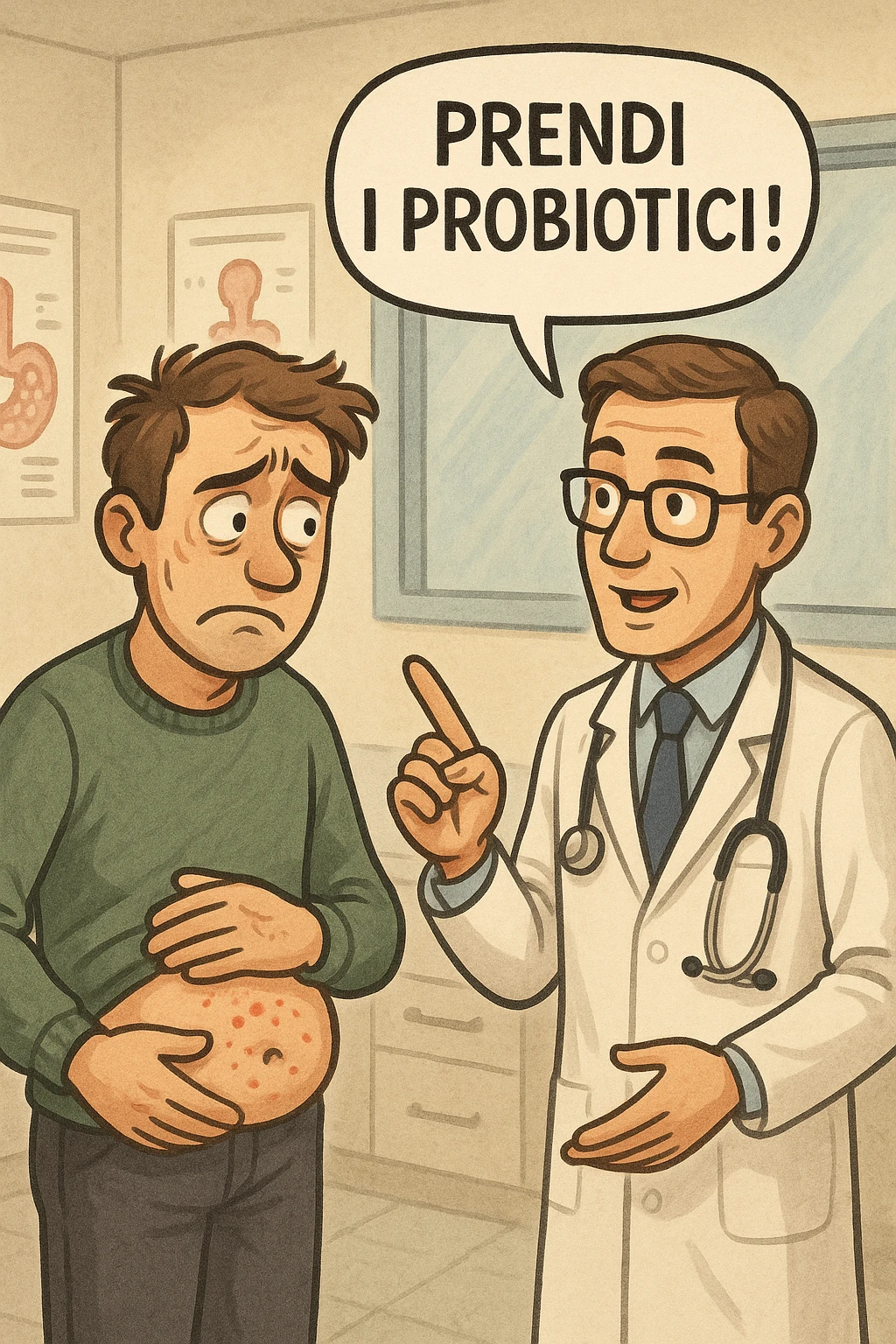 Uomo che ha disbiosi evidente e il dottore gli dice "Prendi i Probiotici!" emoji