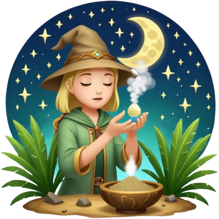 forest alchemist blowing moon dust from palm like spell powder emoji