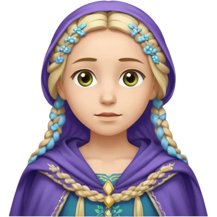 
mujer, Joven, de aspecto dulce y elegante.
Piel clara, ojos grandes y expresivos (pueden ser azules o verdes), sonrisa triste.
Rubio o castaño claro, largo, con trenzas o velo.
Vestido largo de tonos suaves (blanco, azul o lavanda), con bordados dorados; un manto o toca fina cubriendo la cabeza.
 emoji