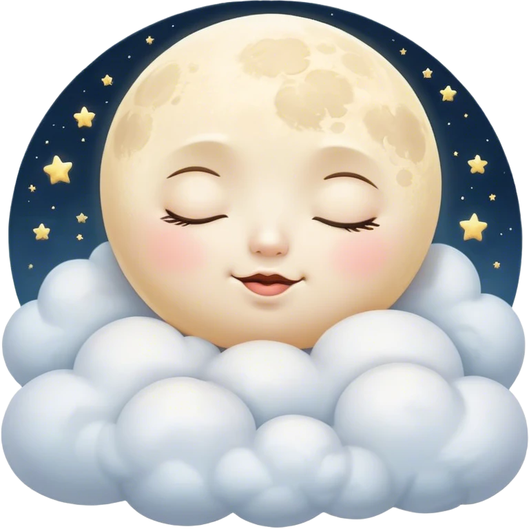 Cinematic adorable moon with a sleepy face, round and chubby, soft glowing light, tiny rosy cheeks, resting on a bed of fluffy clouds, dreamy and peaceful. emoji