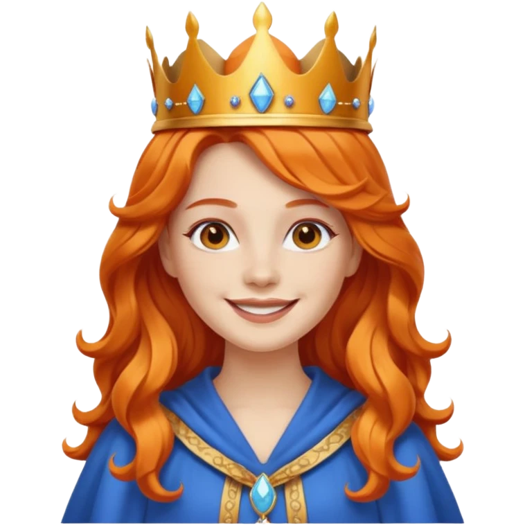 young queen white skin, long wavy orange hair, bright smile, wearing crown and blue robe emoji emoji
