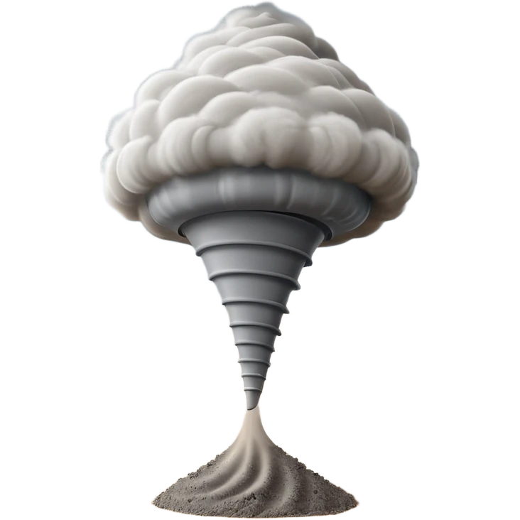 3D render of Tornado, miniature weather phenomenon, volumetric particle effects, swirling dusty grey funnel cloud, elemental energy, emoji style, isolated on white background --v 6.0. emoji