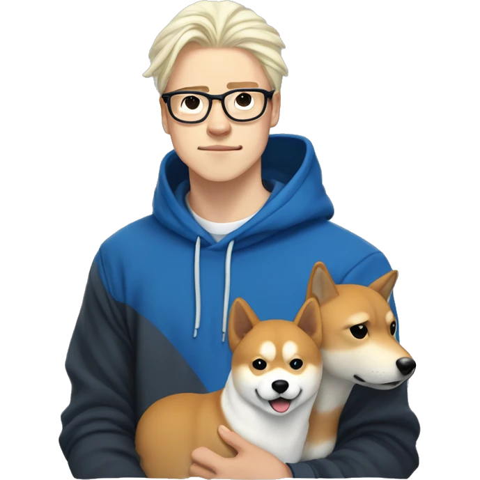 A young guy with long white hair pulled back into a ponytail white skin black-framed glasses and nose piercing wearing  blue hoodie and a Shiba Inu dog next to him emoji