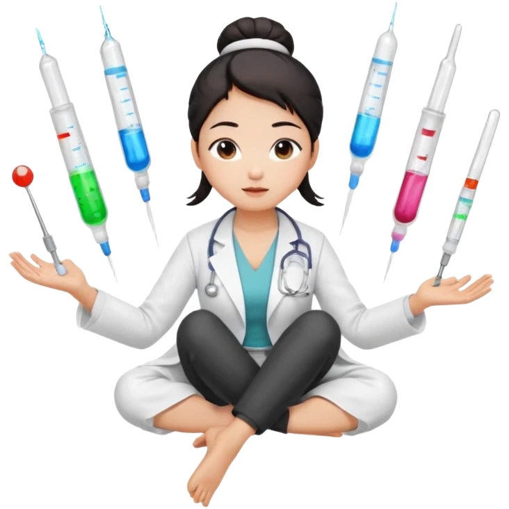 emoji of an asian woman with a single bun in a white lab coat sitting cross legged with micropipettes levitating in an arc around her head emoji