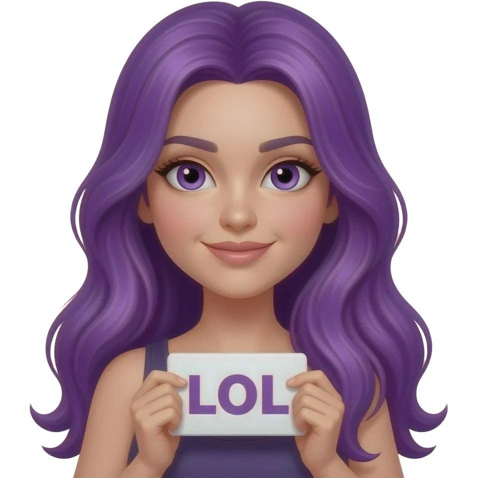 sexy girl with long purple hair and purple eyes holding a L O L sign emoji