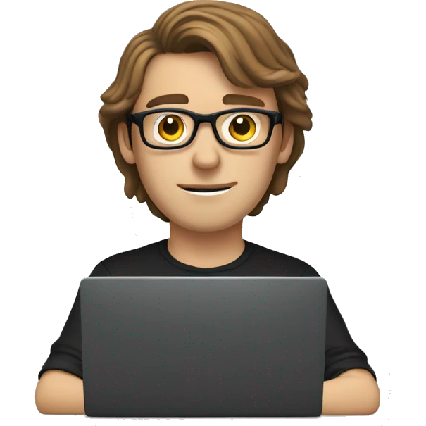 white guy brown hair and black mount glasses typing in laptop wearing black shirt emoji