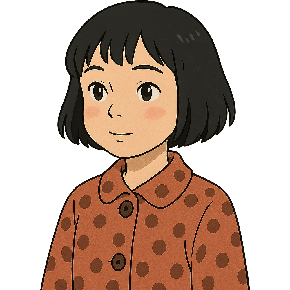 ghibli style girl with black bob-cut hair, dotted coat, Chinese appearance emoji