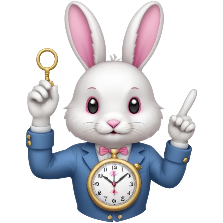 white bunny with a clock on his hand signaling the clock with his finger emoji