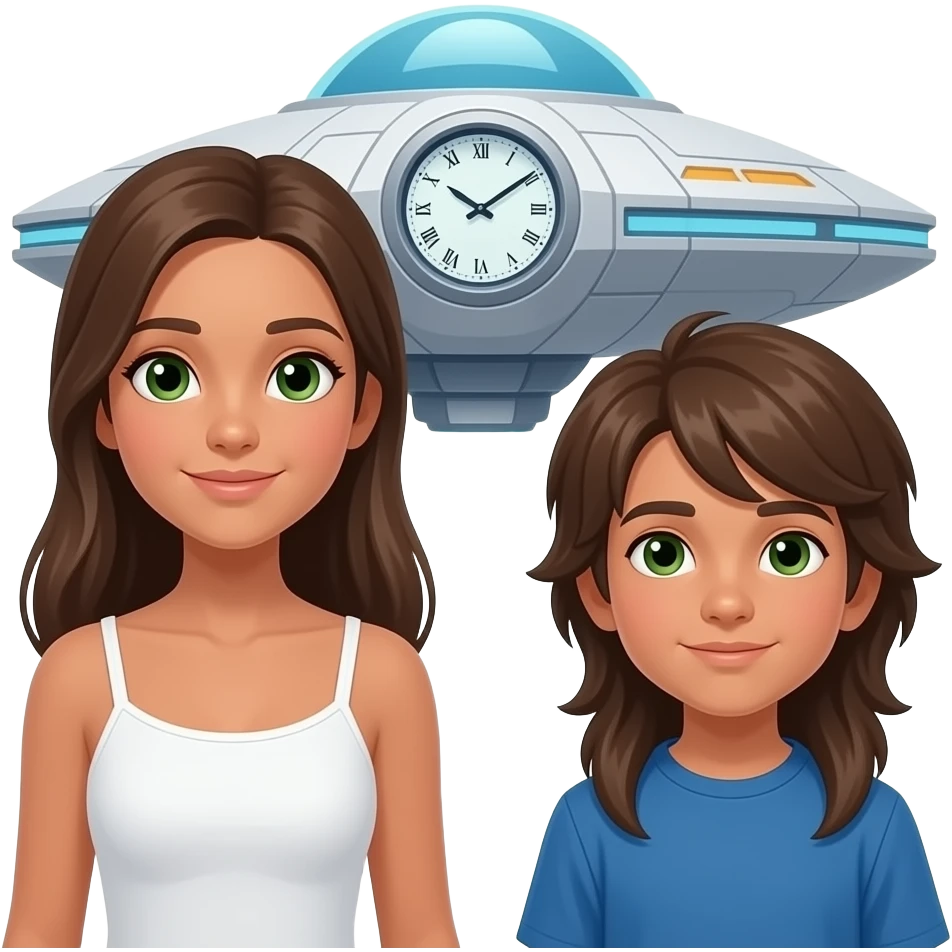 una maquina espacialcon un reloj en el medio rodeada por dos hermanos un chico i una chica los dos castanyo i ojos verdes (la chica mas grande que el i con ropa blanca con tirantes) i el chico con ropa azul el pelo muy largo) los dos estan mirando la nabe espacial muy grande i solo dos niños emoji