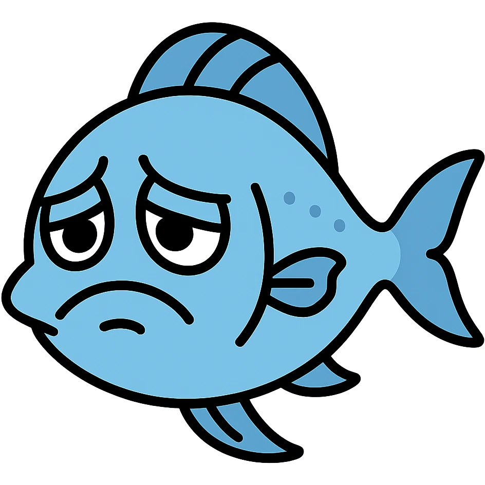 Make the colony of sad fish look even sadder with more expressive droopy eyes, deeper frowns, and a more melancholic atmosphere. Keep the color outline style and maintain the transparent background. emoji