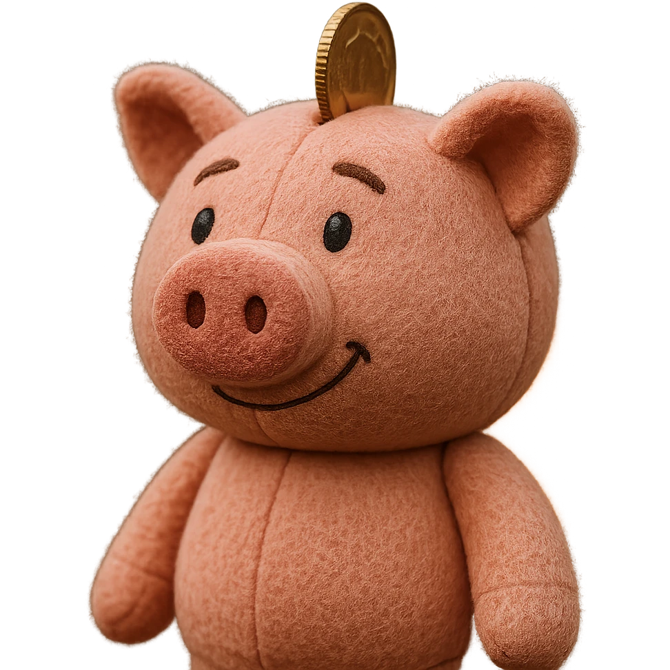 Side profile view of a pink piggy bank with a coin, 3d cartoon style, plushy texture, no background, soft and cuddly appearance. emoji