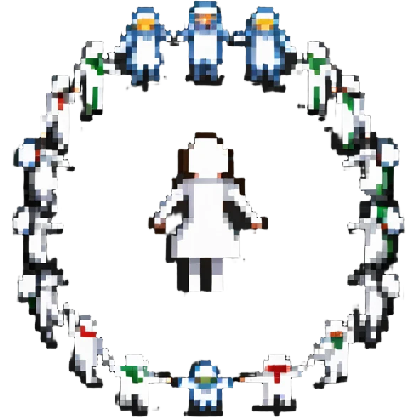 pixel art stick figure humans standing in a circle, holding hands, unity, simple emoji