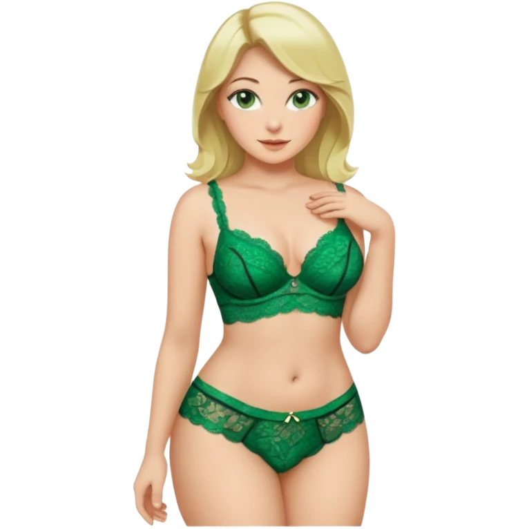 Blonde, green eyed woman with shoulder length hair. She is curvy with a big butt and small breast. She is wearing green lingerie  emoji