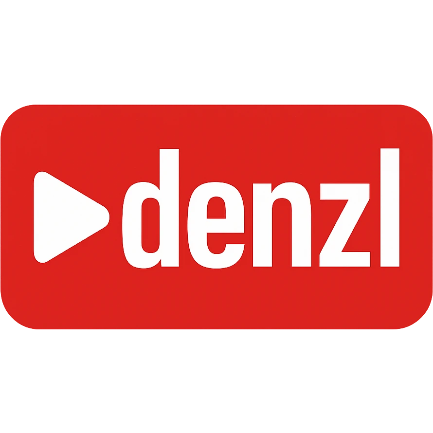 YouTube-themed 'denzl' logo, strong red background, white text, play button motif, digital media vibe emoji