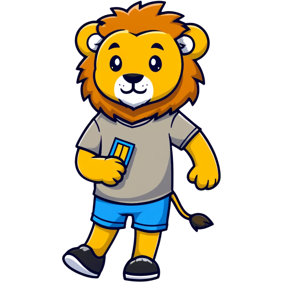 retro 1950s anthropomorphised lion in a t-shirt and shorts, walking emoji