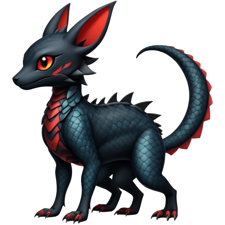 Sophisticated Modern Gothic Gloomy Futuristic Scaly Cyber-Salandit-Umbreon-Litten-Hybrid (Full body) emoji