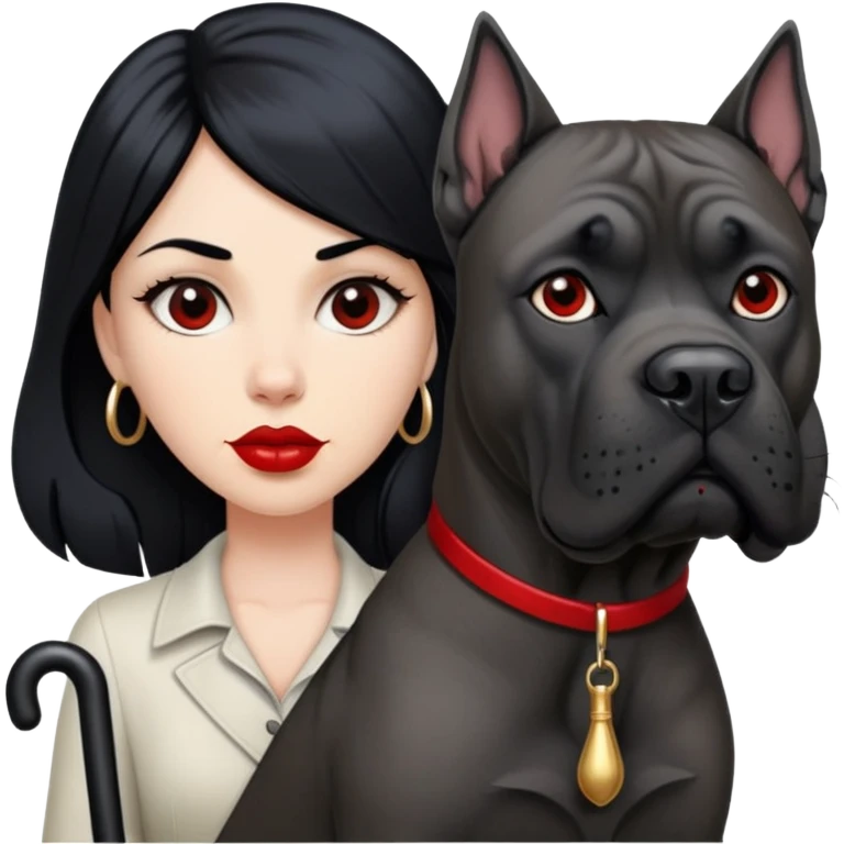 woman with long black hair and red lips next to a black Cane Corso dog with cropped ears and short tail emoji
