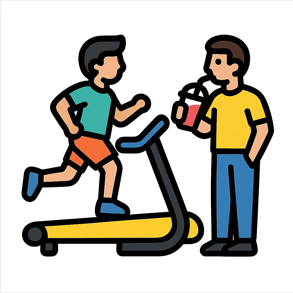 one man on a treadmill, the other man standing nearby sipping a smoothie, icon style, modern and easy to understand, clear contrast emoji