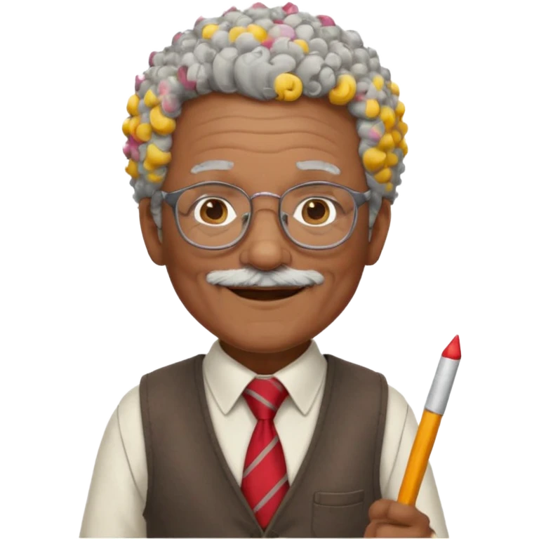 old man teacher, brown skin, curly grey white hai, wearing glasses, brown vest, red tie hold chalk on hand emoji