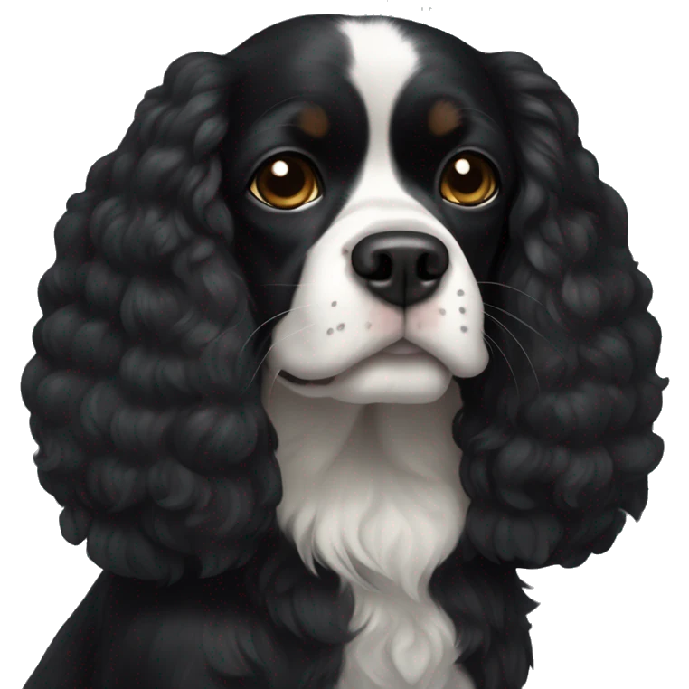 completely black small king spaniel with black fur on his whole face and white fur on chest emoji