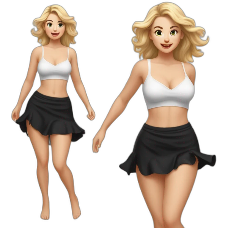 Hyperrealistic Full body Caucasian curvy beauty jumps white knickers back and front views black skirt strong wind emoji